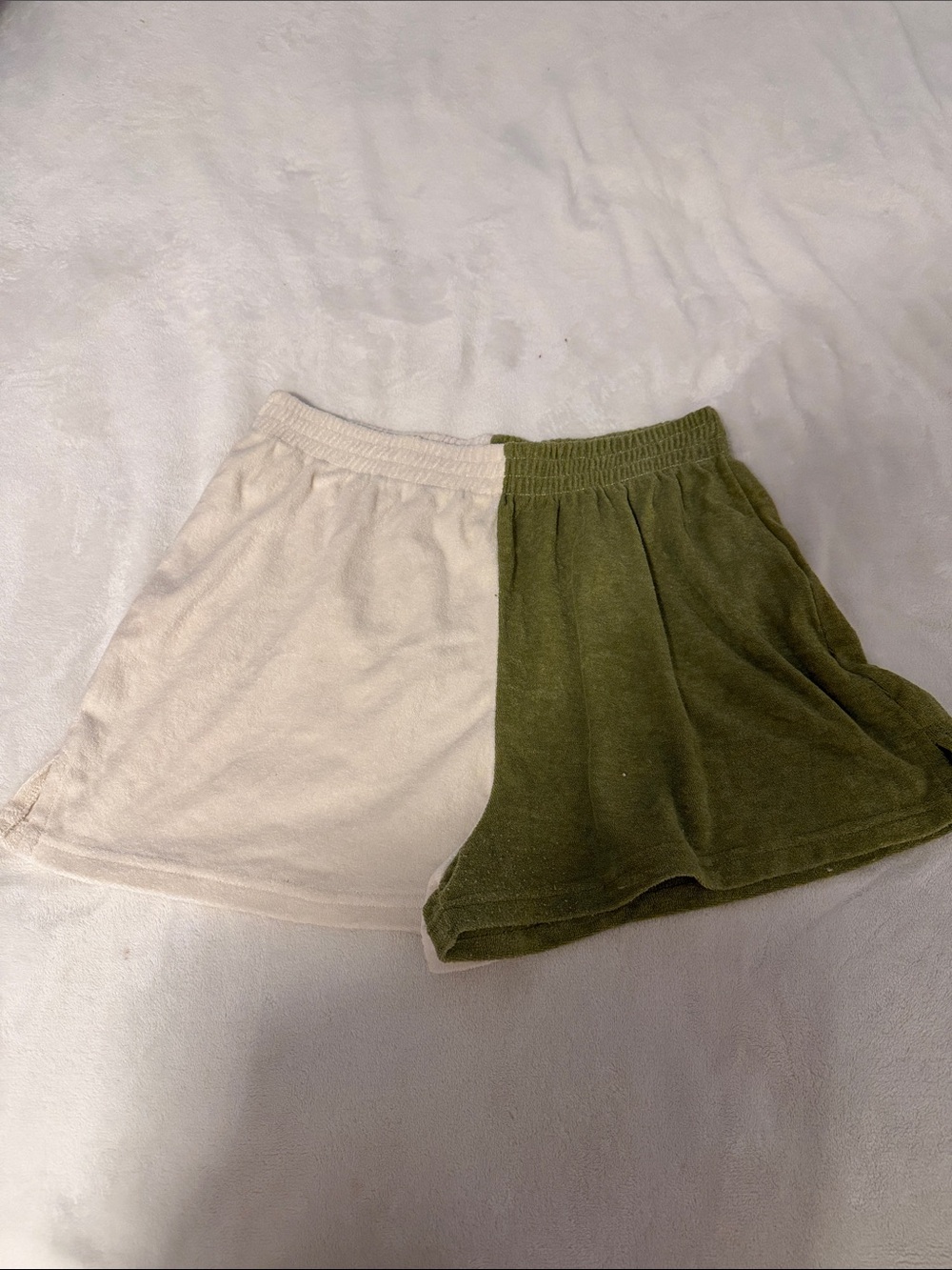 Nasty Gal Two-Tone Olive Green and Cream Terry Shorts